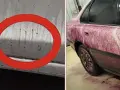 Bilens sida täckt av lila vätska, en flygrostlösare som visar sin effekt.