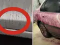 Bilens sida täckt av lila vätska, troligen flygrostborttagare OKQ8, som rinner ner.