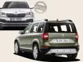 Två Skoda Yeti, en vit framifrån och en grön bakifrån. En stämpel med texten "Världens bästa begtester" antyder ett potentiellt Skoda Yeti problem.