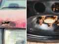 Rostskyddsbehandling gammal bil: en röd bil med rost på motorhuven och rostiga bultar på ett hjul.