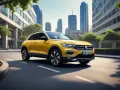 Gul Volkswagen T-Roc kör på en stadsgata, med höga byggnader och träd i bakgrunden. Ett potentiellt t-roc problem kan vara att den drar till sig uppmärksamhet.