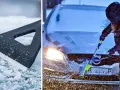 En person med huva skrapar rutan på en Volvo i snöstorm. En isskrapa ligger på isig mark.
