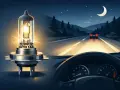 En glödande Osram H4-lampa lyser upp en mörk landsväg. Bilens strålkastare lyser upp vägen framför, med en annan bil i fjärran under en månskära.