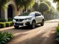 Vit Peugeot 3008 automat parkerad på en grusväg, omgiven av grönska och en herrgård. Kanske en peugeot 3008 automat problem orsakade stoppet här?