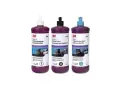 Three bottles of 3M Perfect-It car polishing compounds: Rubbing Compound, Machine Polish, and Ultrafine Machine Polish.