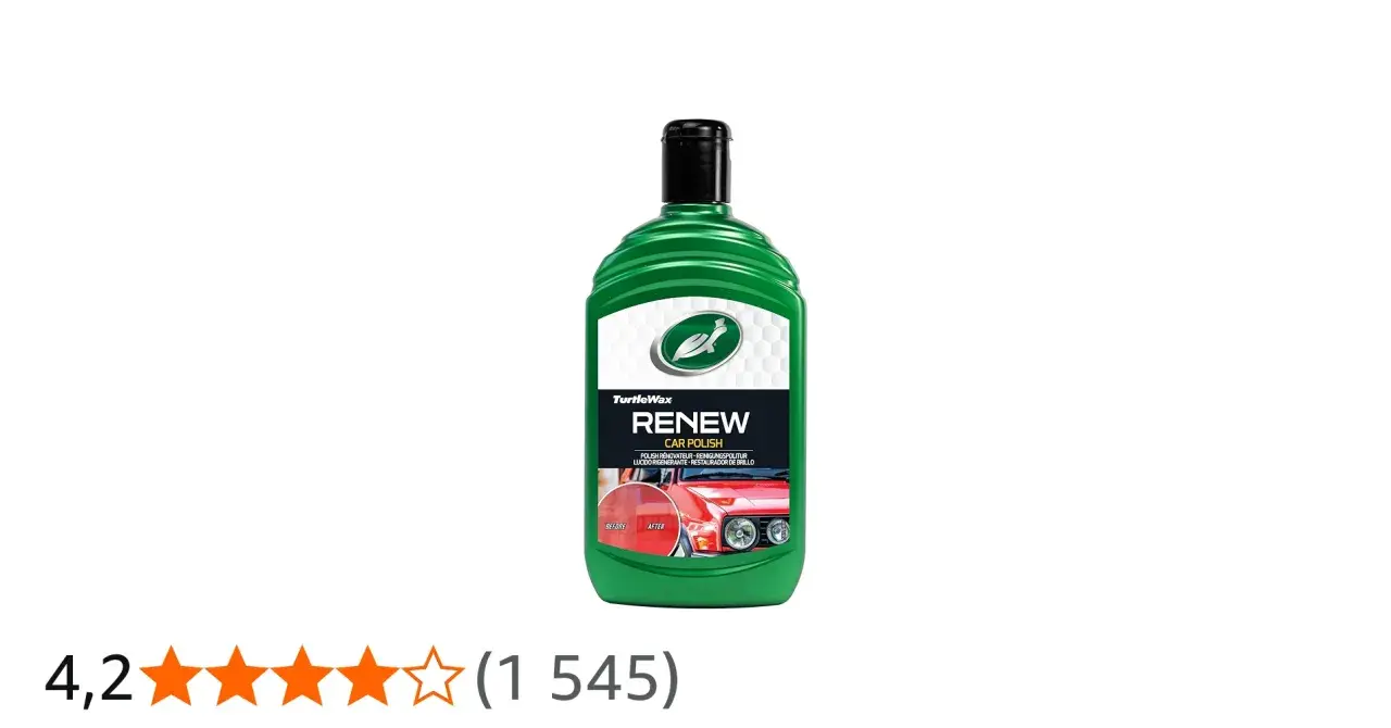 En flaska Turtle Wax Renew Car Polish, med en bild som visar före- och efterresultat på en bil.