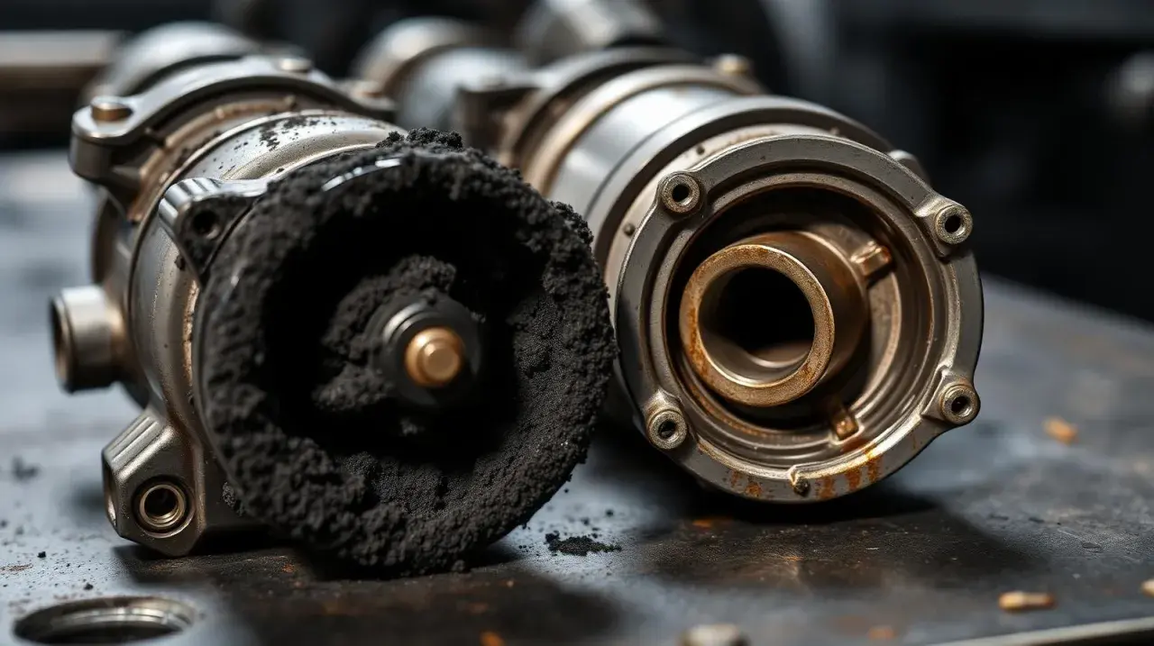 En igensotad EGR-ventil, ett vanligt symptom vid dieselmotorer. Den ena sidan är täckt av svart sot, den andra visar tecken på rost.
