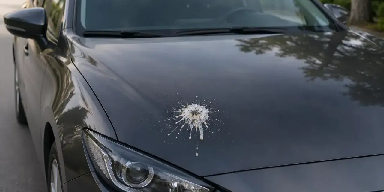 Fågelspillning på bilens mörka huva. En otrevlig fläck som behöver tas bort.