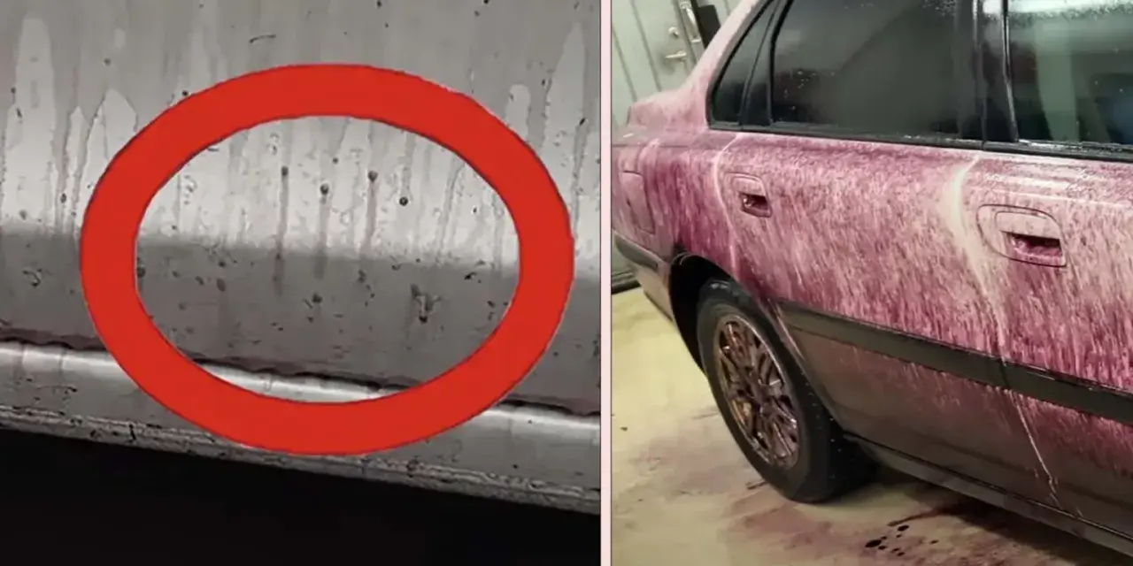 Bilens sida täckt av lila vätska, troligen flygrostborttagare OKQ8, som rinner ner.