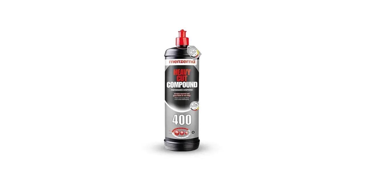 En flaska Menzerna Heavy Cut Compound 400, en kraftfull polermedel för bilvård.