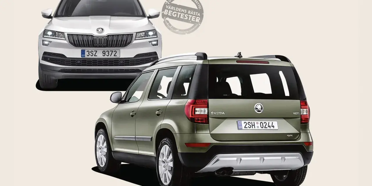 Två Skoda Yeti, en vit framifrån och en grön bakifrån. En stämpel med texten "Världens bästa begtester" antyder ett potentiellt Skoda Yeti problem.