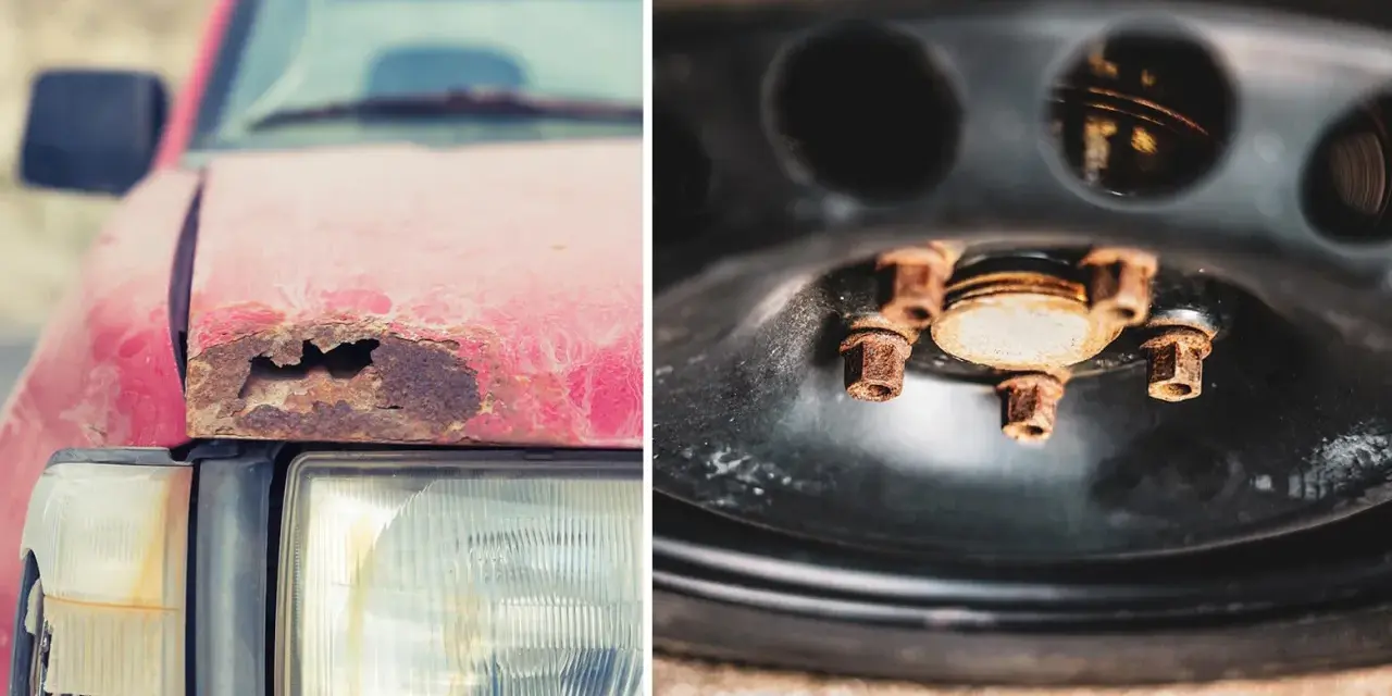 Rostskyddsbehandling gammal bil: en röd bil med rost på motorhuven och rostiga bultar på ett hjul.