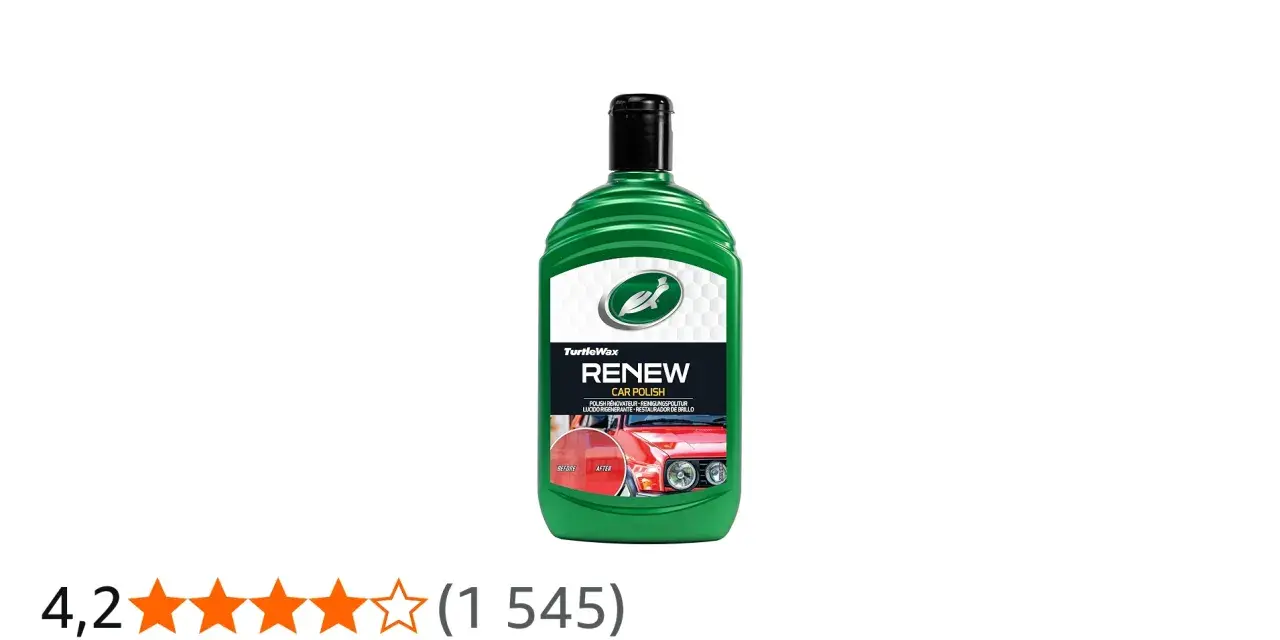 En flaska Turtle Wax Renew Car Polish, med en bild som visar före- och efterresultat på en bil.