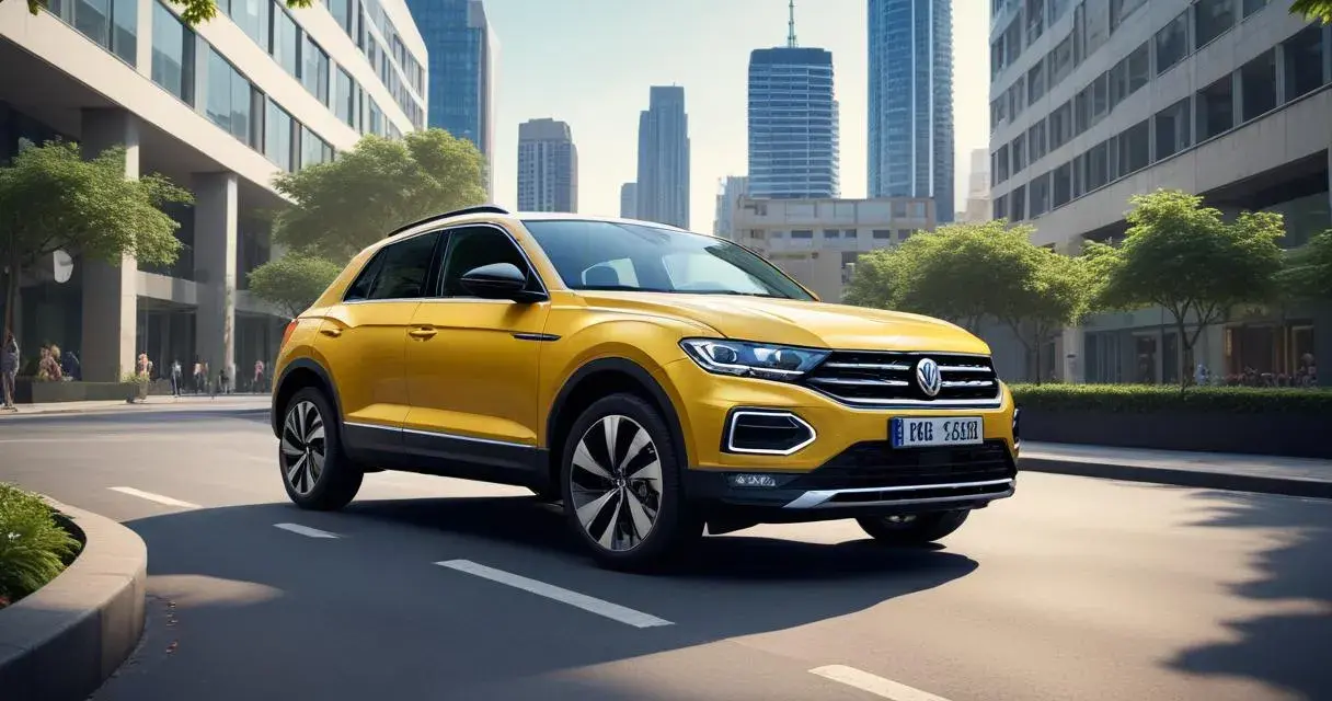 Gul Volkswagen T-Roc kör på en stadsgata, med höga byggnader och träd i bakgrunden. Ett potentiellt t-roc problem kan vara att den drar till sig uppmärksamhet.
