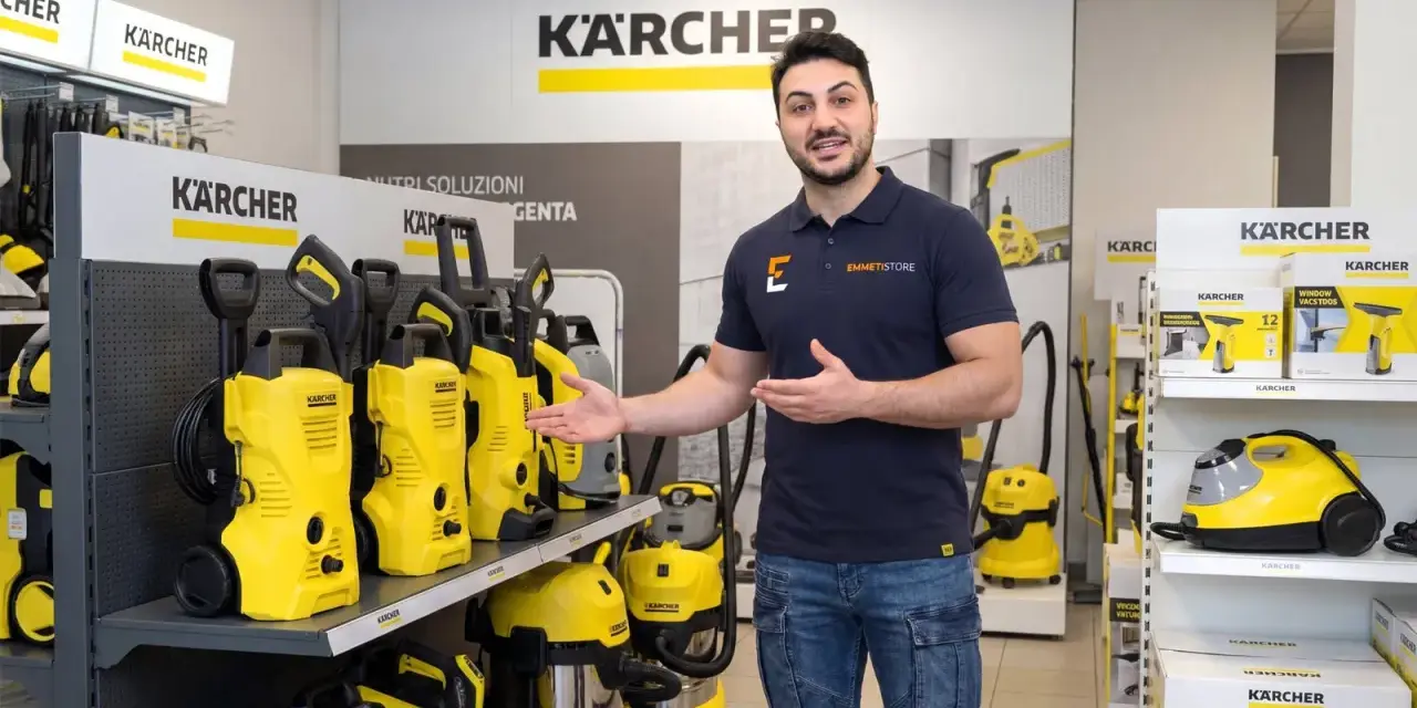 Man visar upp Kärcher HD högtryckstvättar och andra Kärcher-produkter i en butik.