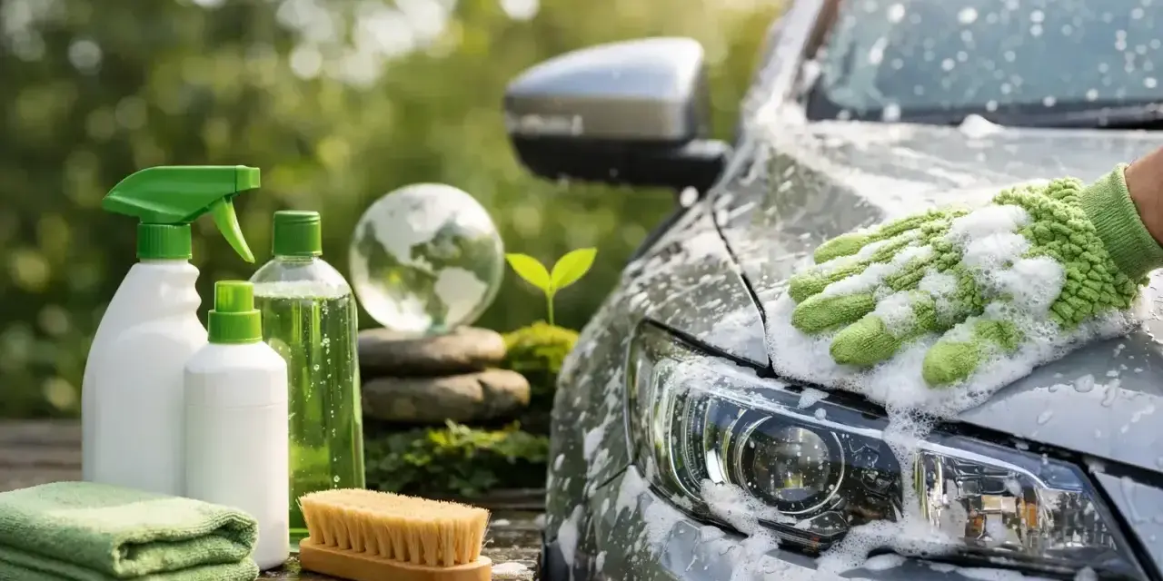 Tvätta bilen hemma med miljövänliga produkter. En hand med tvätthandske tvättar bilen i skum.
