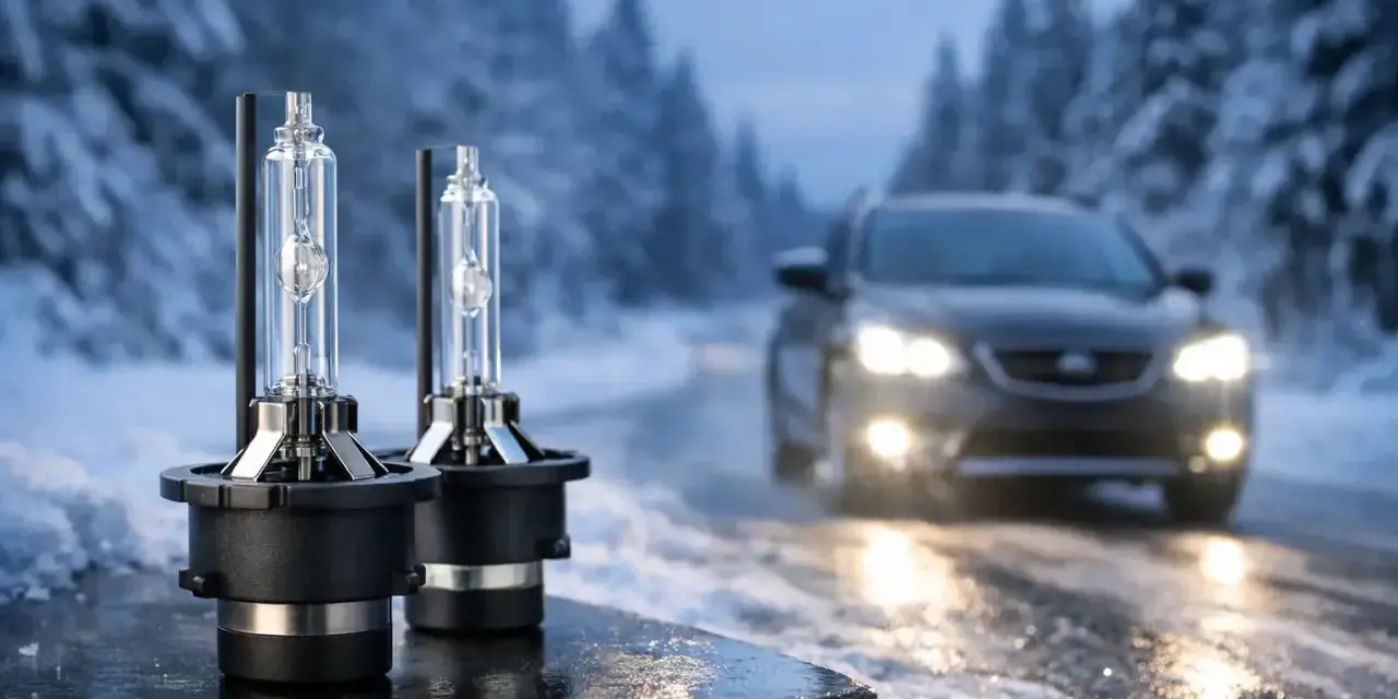 Två nya bilstrålkastare framför en bil som kör i snö. Dessa lampor ger klar sikt, så du vet vilka lampor har min bil.
