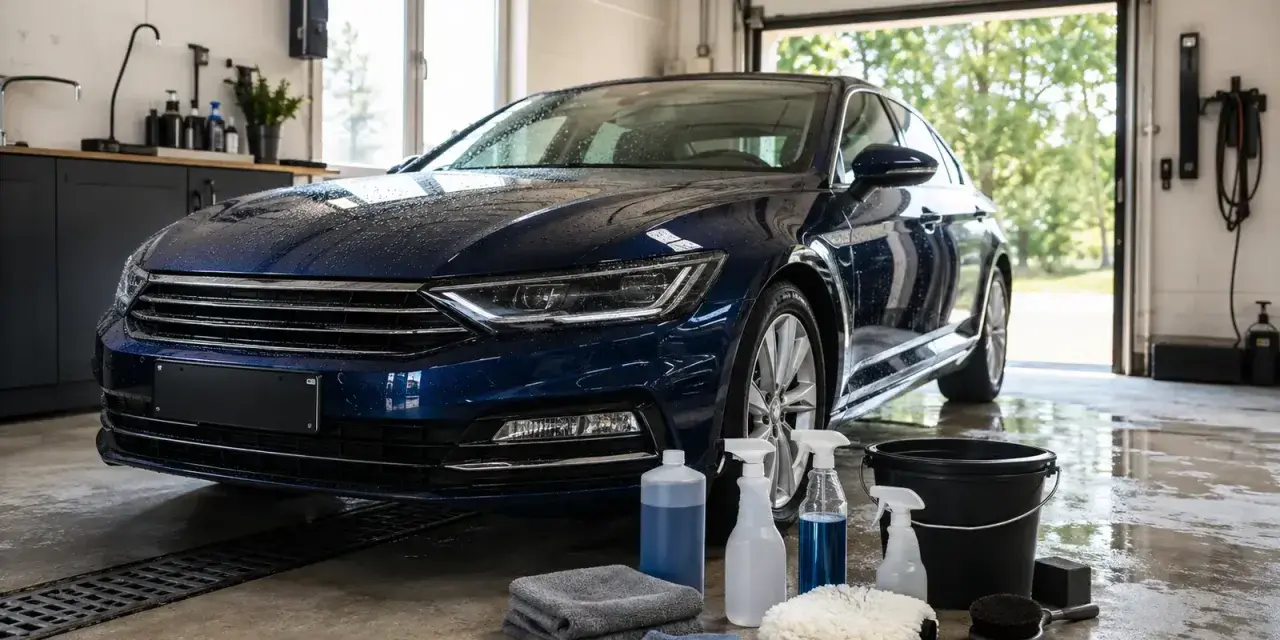Blå bil i garage med tvättutrustning. En fälgborste ligger redo bredvid en hink och flaskor med rengöringsmedel.