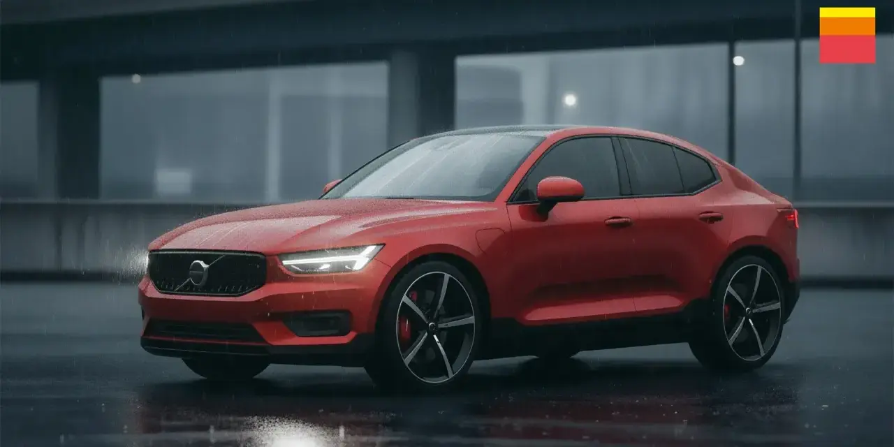 Röd Volvo C40 står i regnet. Enkel bilvård för att vaxa bilen utan att polera.
