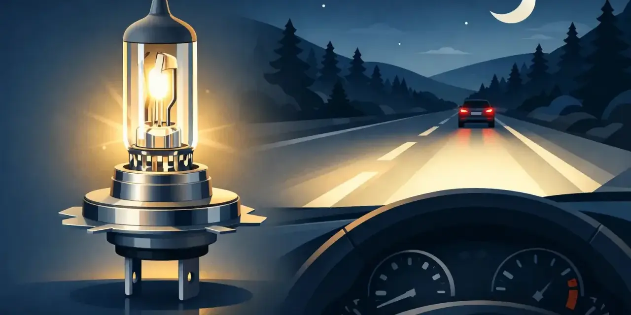 En glödande Osram H4-lampa lyser upp en mörk landsväg. Bilens strålkastare lyser upp vägen framför, med en annan bil i fjärran under en månskära.