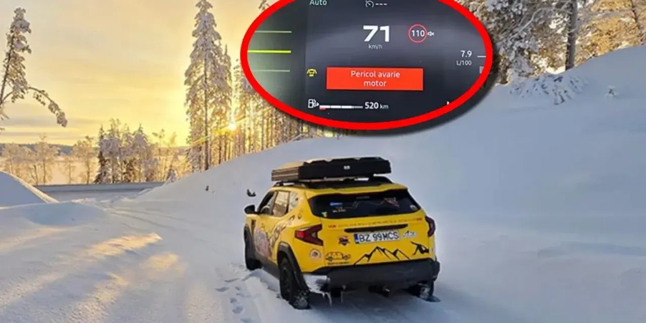 Gul Dacia Sandero med takbox i snölandskap. Varningslampan "Pericol avarie motor" lyser, ett tydligt Dacia Sandero problem.