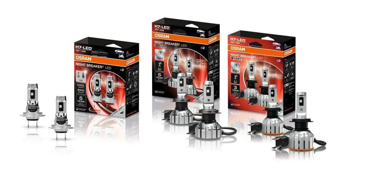 Tre förpackningar med Osram H7 LED-lampor, inklusive Night Breaker LED Speed och Smart. Perfekt för att uppgradera bilens belysning.