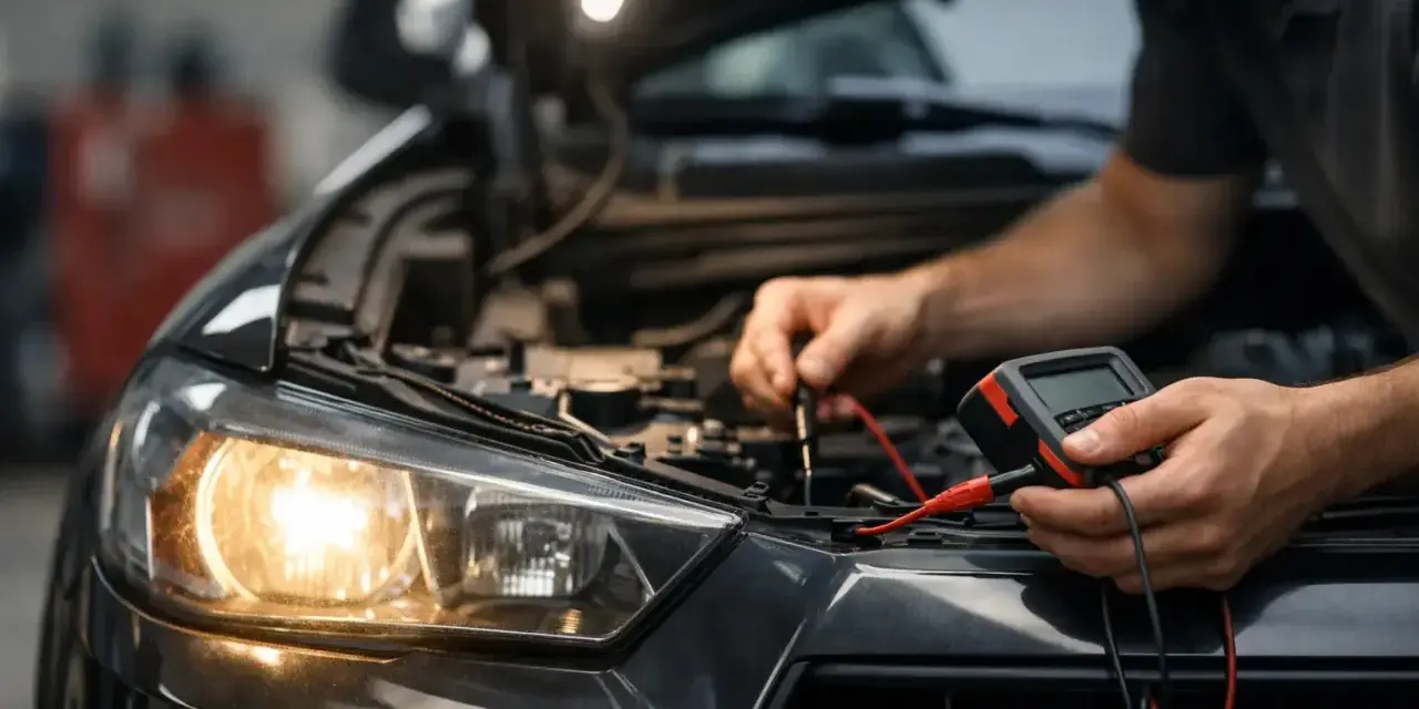 Mekaniker kontrollerar bilens elsystem med multimeter. Halvljuset lyser svagt, vilket tyder på dåligt halvljus.