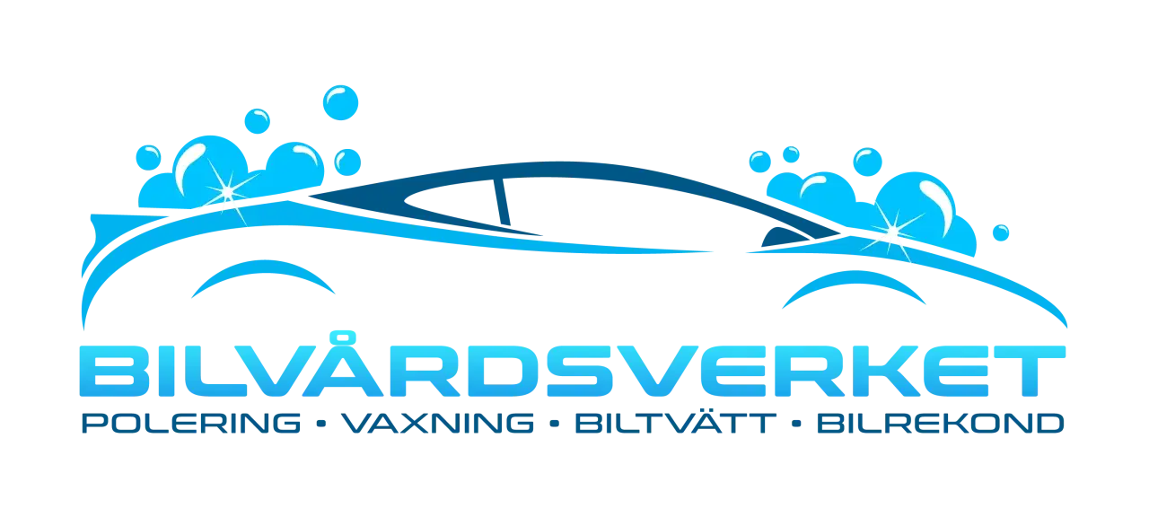 Bilvårdsverket: Polering, vaxning, biltvätt och bilrekond. Logotyp med en stiliserad bil och bubblor.