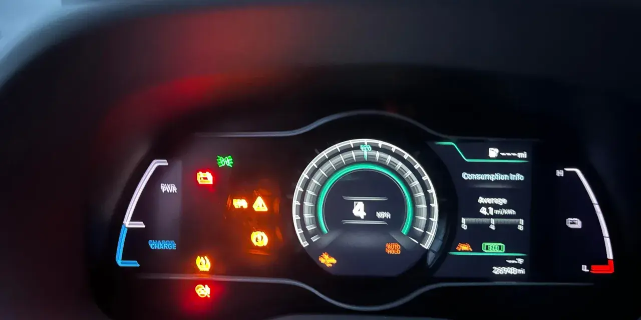 Instrumentpanelen på en Hyundai Kona Electric visar flera varningslampor, vilket indikerar ett problem.