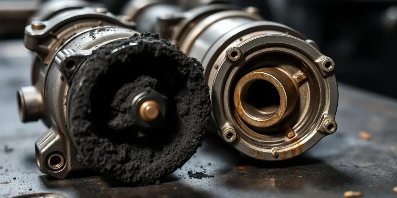 En igensotad EGR-ventil, ett vanligt symptom vid dieselmotorer. Den ena sidan är täckt av svart sot, den andra visar tecken på rost.