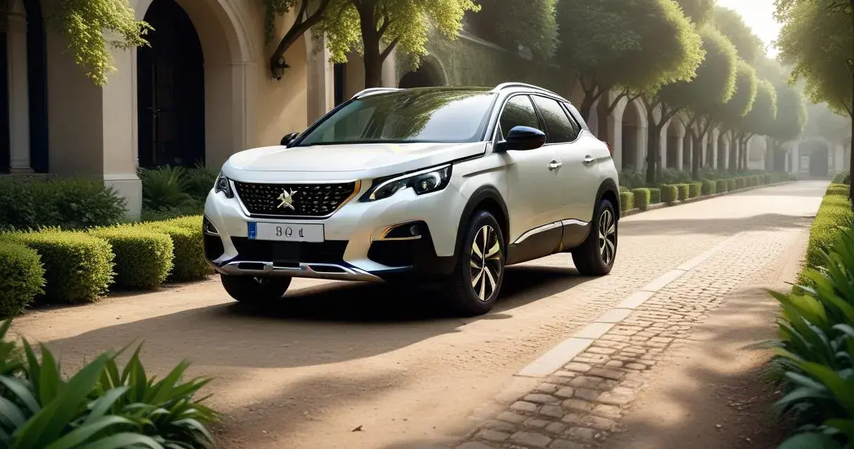 Vit Peugeot 3008 automat parkerad på en grusväg, omgiven av grönska och en herrgård. Kanske en peugeot 3008 automat problem orsakade stoppet här?