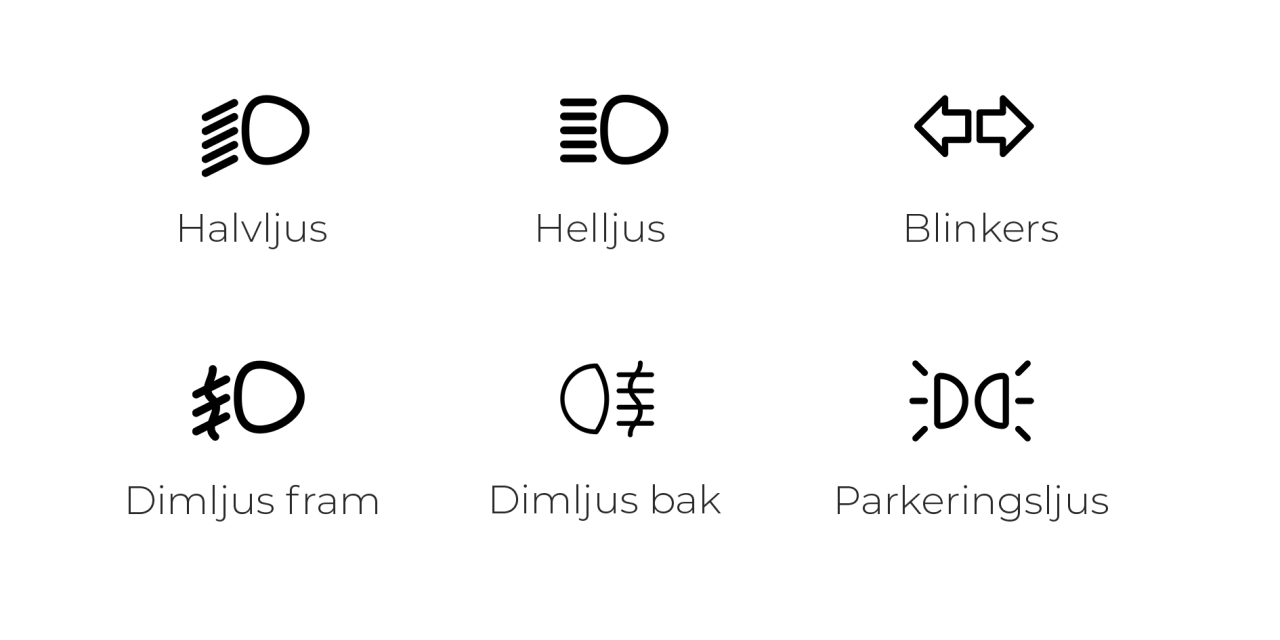 Ikoner för fordonsbelysning: halvljus, helljus, blinkers, dimljus fram, dimljus bak och parkeringsljus.