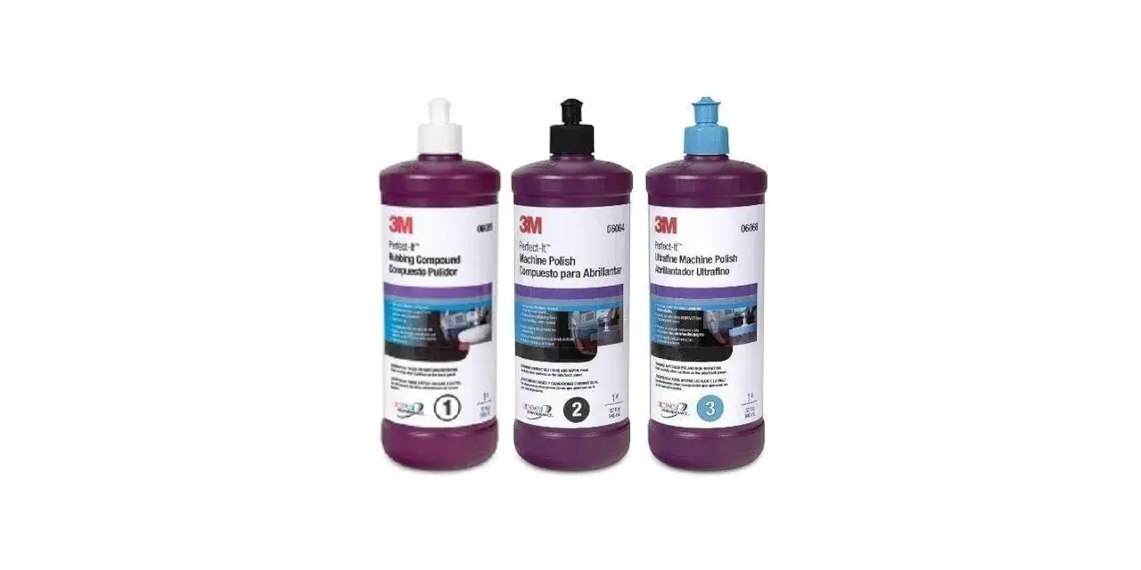 Three bottles of 3M Perfect-It car polishing compounds: Rubbing Compound, Machine Polish, and Ultrafine Machine Polish.
