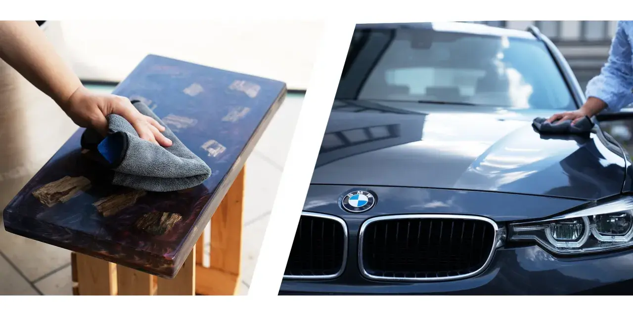 Polering av en epoxytablett och en mörk BMW med en trasa. För en glansig finish, använd Turtle Wax Carnauba.