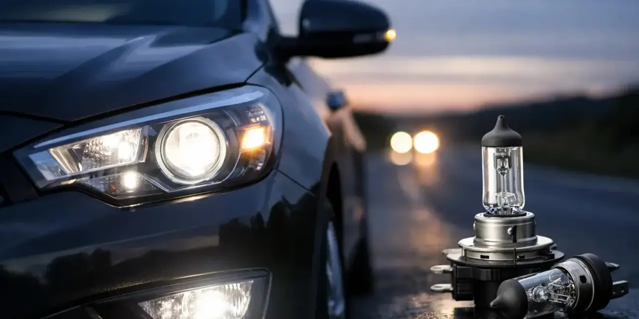 Bilens strålkastare lyser starkt i skymningen. Bredvid bilen ligger nya H7 LED-lampor, redo att ge klarare sikt på vägen.