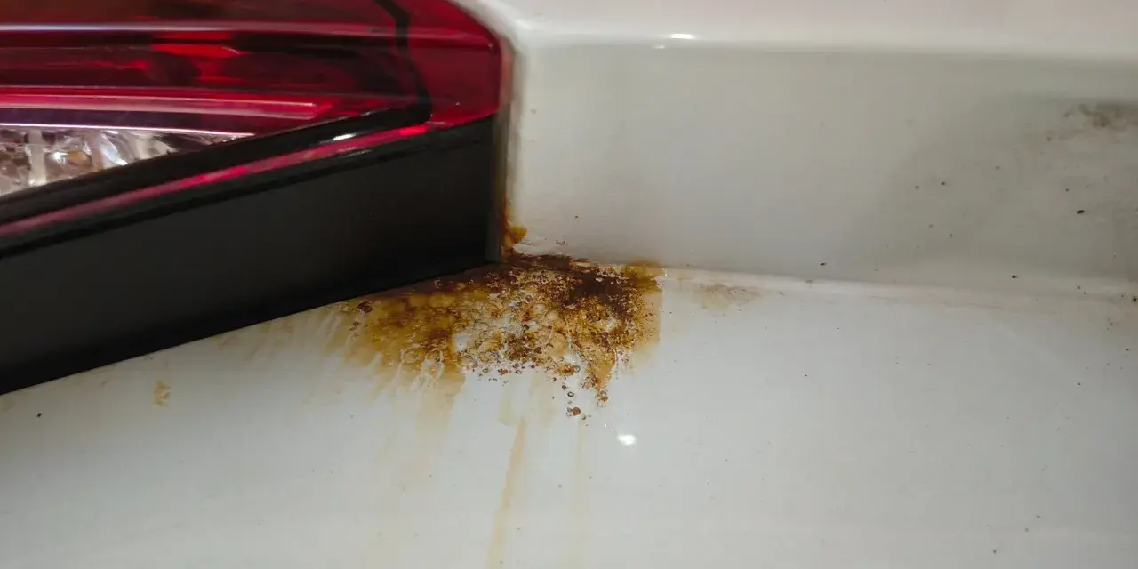 Rostfläckar vid bakljuset på en vit bil. Dags att laga rost bil innan det blir värre.