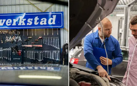 Mekaniker diskuterar med kund vad kostar service på bil. Verkstad med verktyg i bakgrunden.