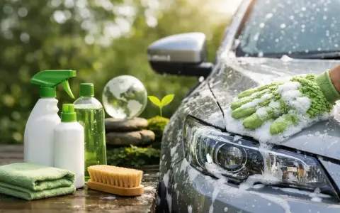 Tvätta bilen hemma med miljövänliga produkter. En hand med tvätthandske tvättar bilen i solljus.