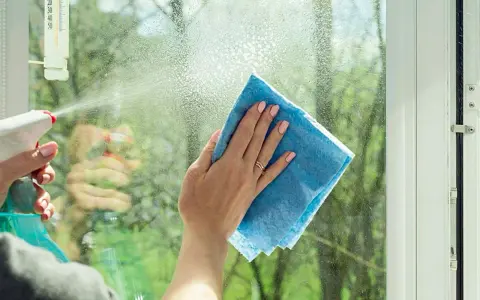 En hand med ljusrosa naglar torkar ett fönster med en blå trasa. En sprayflaska med fönsterputs med ammoniak syns i bakgrunden.