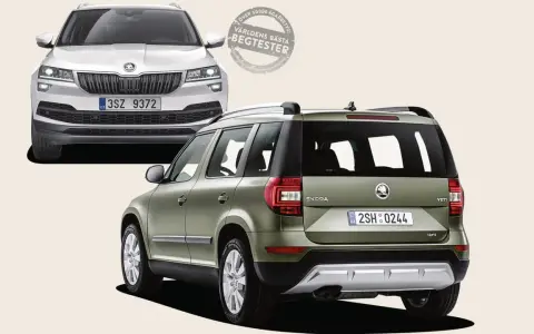 Två Skoda Yeti, en vit framifrån och en grön bakifrån. En stämpel med texten "Världens bästa begtester" antyder ett potentiellt Skoda Yeti problem.
