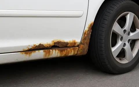 Rostfläckar på en vit bil, där billack har börjat lossna och blottlägga metallen. Dags att ta bort billack och rost.
