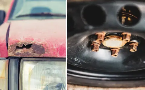 Rostskyddsbehandling gammal bil: en röd bil med rost på motorhuven och rostiga bultar på ett hjul.