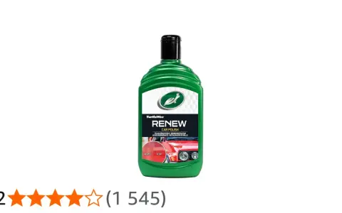 En flaska Turtle Wax Renew Car Polish, med en bild som visar före- och efterresultat på en bil.