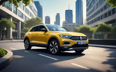 Gul Volkswagen T-Roc kör på en stadsgata, med höga byggnader och träd i bakgrunden. Ett potentiellt t-roc problem kan vara att den drar till sig uppmärksamhet.