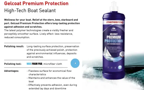 Menzerna Gelcoat Premium Protection, en högteknologisk båtförsegling som ger långvarigt skydd mot vidhäftning och repor.