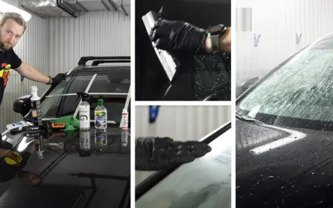 Man applicerar glaco glasförsegling på en bilruta. Vatten pärlar sig på den behandlade ytan.