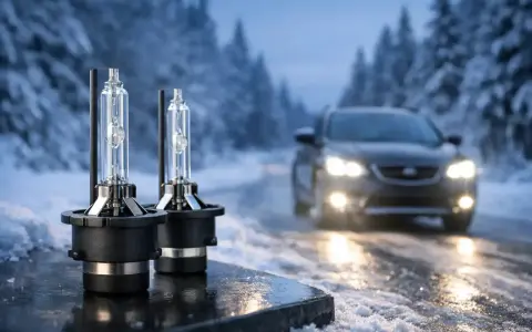 Två nya bilstrålkastare framför en bil som kör i snö. Dessa lampor ger klar sikt, så du vet vilka lampor har min bil.