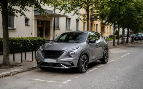 Grå Nissan Juke parkerad längs en gata, med en byggnad och träd i bakgrunden. Kanske ett problem med bilen?