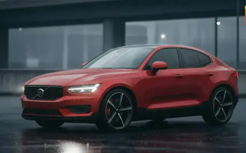 Röd Volvo C40 står i regnet. Enkel bilvård för att vaxa bilen utan att polera.