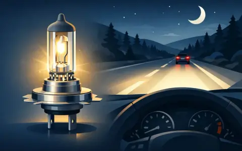 En glödande Osram H4-lampa lyser upp en mörk landsväg. Bilens strålkastare lyser upp vägen framför, med en annan bil i fjärran under en månskära.